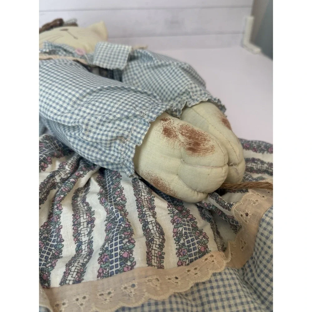 Handmade Country Cat Broom Cover / Broom Hider Cloth Doll – Blue Gingham – 19